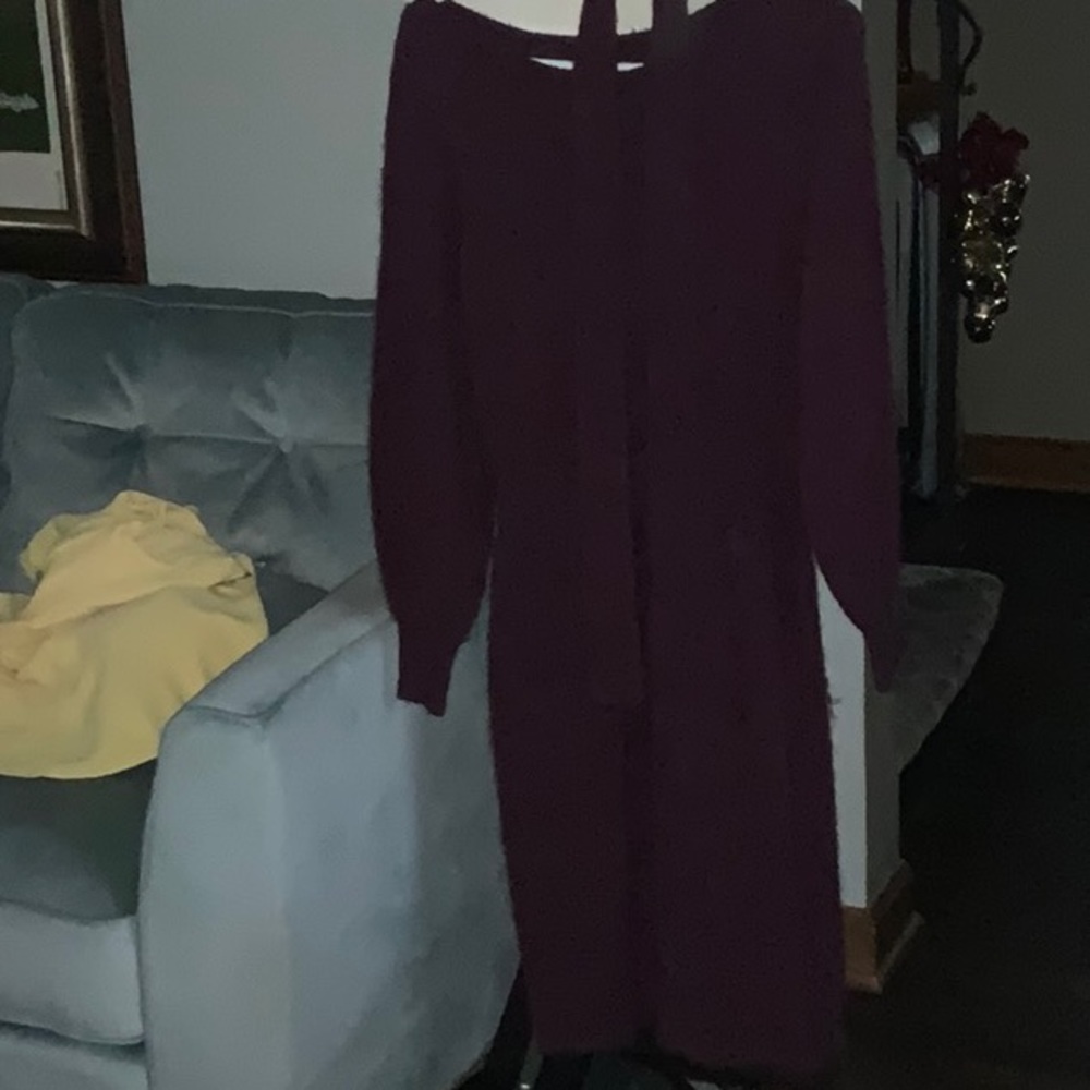 Stay warm and fashionable in this wine sweater dress